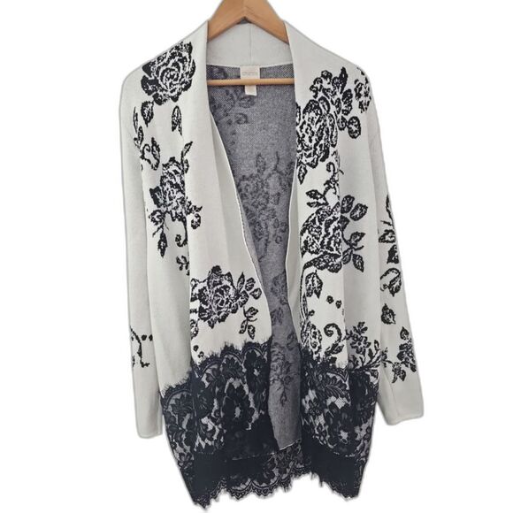 Chico's Open Front Floral Cardigan Sweater Sz 2 (L/XL) Lace Hem Feminine Chic - Picture 16 of 16